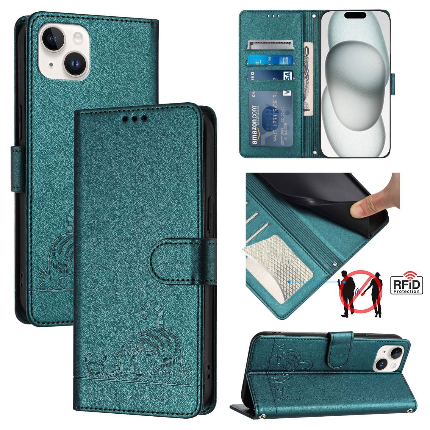 iPhone 14 Plus Cat & Rat Embossed RFID Leather Case, Lanyard, Wallet, Card Slots, Kickstand, Anti-Fall, Scratch-Resistant