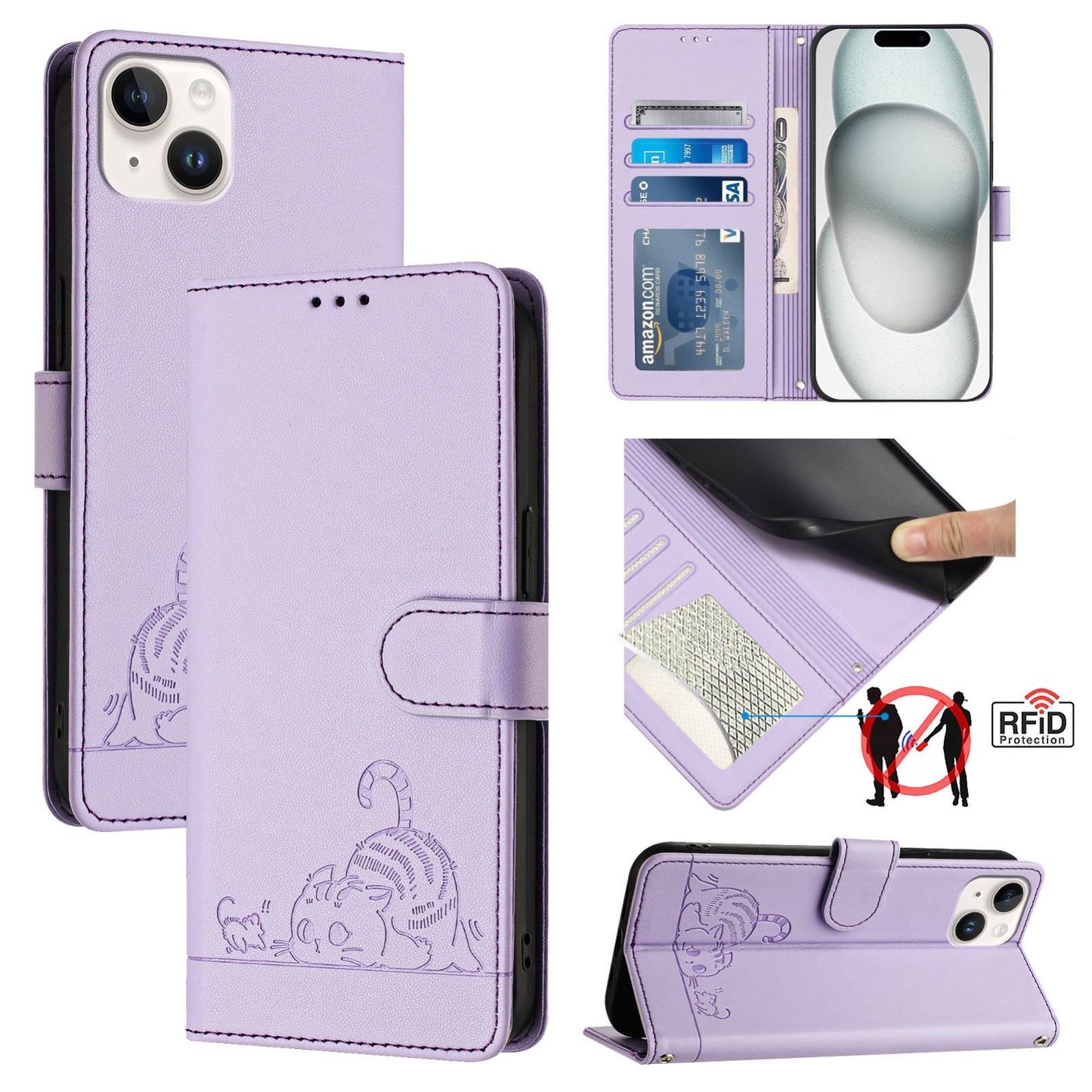 iPhone 14 Plus Cat & Rat Embossed RFID Leather Case, Lanyard, Wallet, Card Slots, Kickstand, Anti-Fall, Scratch-Resistant