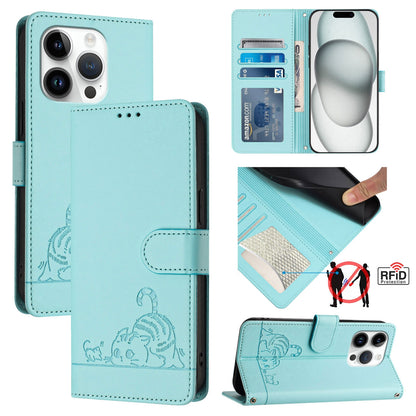 iPhone 14 Pro Cat & Rat Embossed RFID Leather Case, Lanyard, Wallet, Card Slots, Kickstand, Anti-Fall, Scratch-Resistant