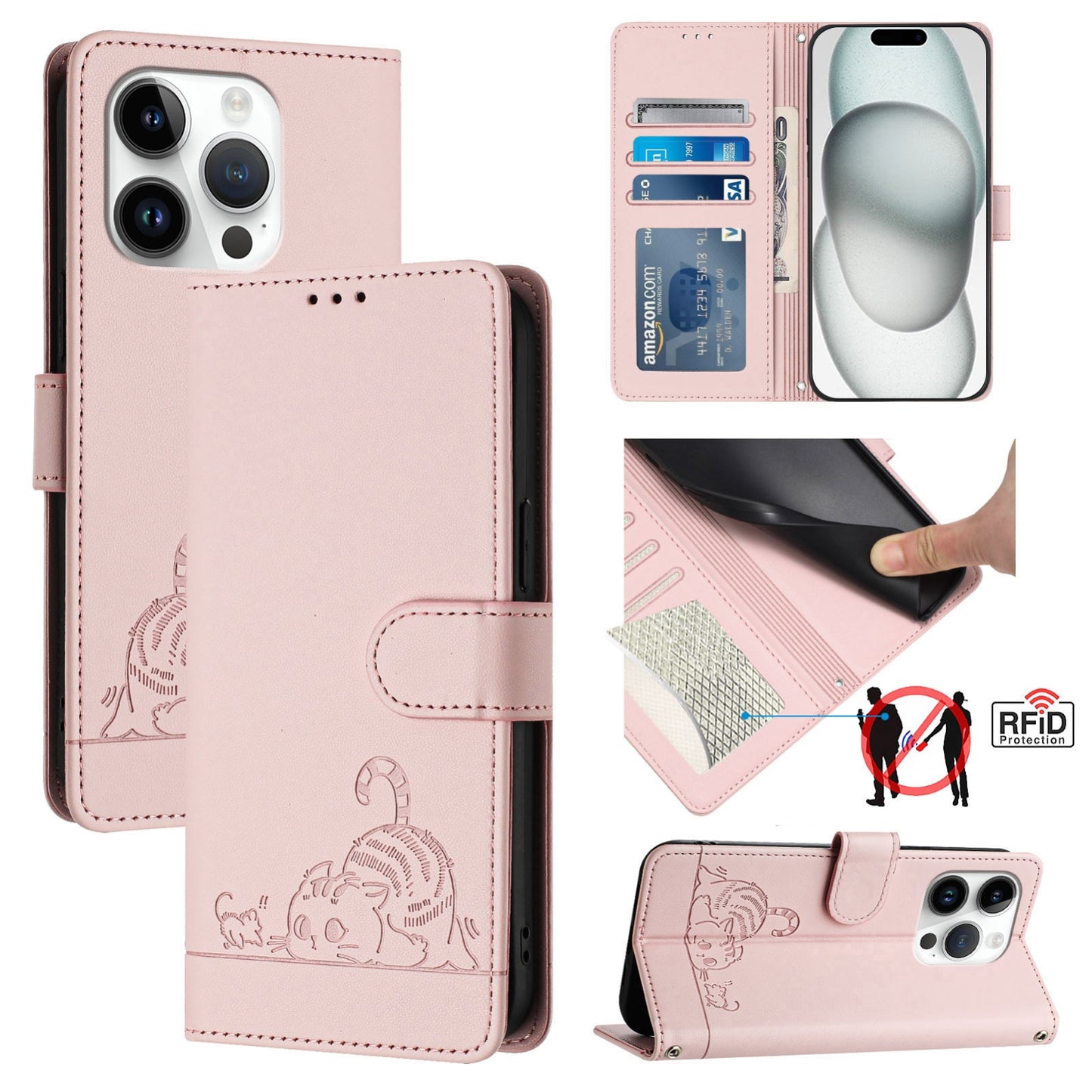 iPhone 14 Pro Cat & Rat Embossed RFID Leather Case, Lanyard, Wallet, Card Slots, Kickstand, Anti-Fall, Scratch-Resistant