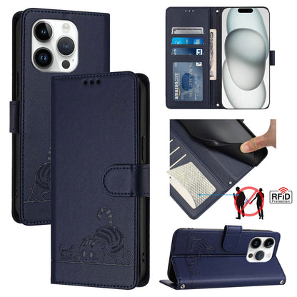 iPhone 14 Pro Cat & Rat Embossed RFID Leather Case, Lanyard, Wallet, Card Slots, Kickstand, Anti-Fall, Scratch-Resistant