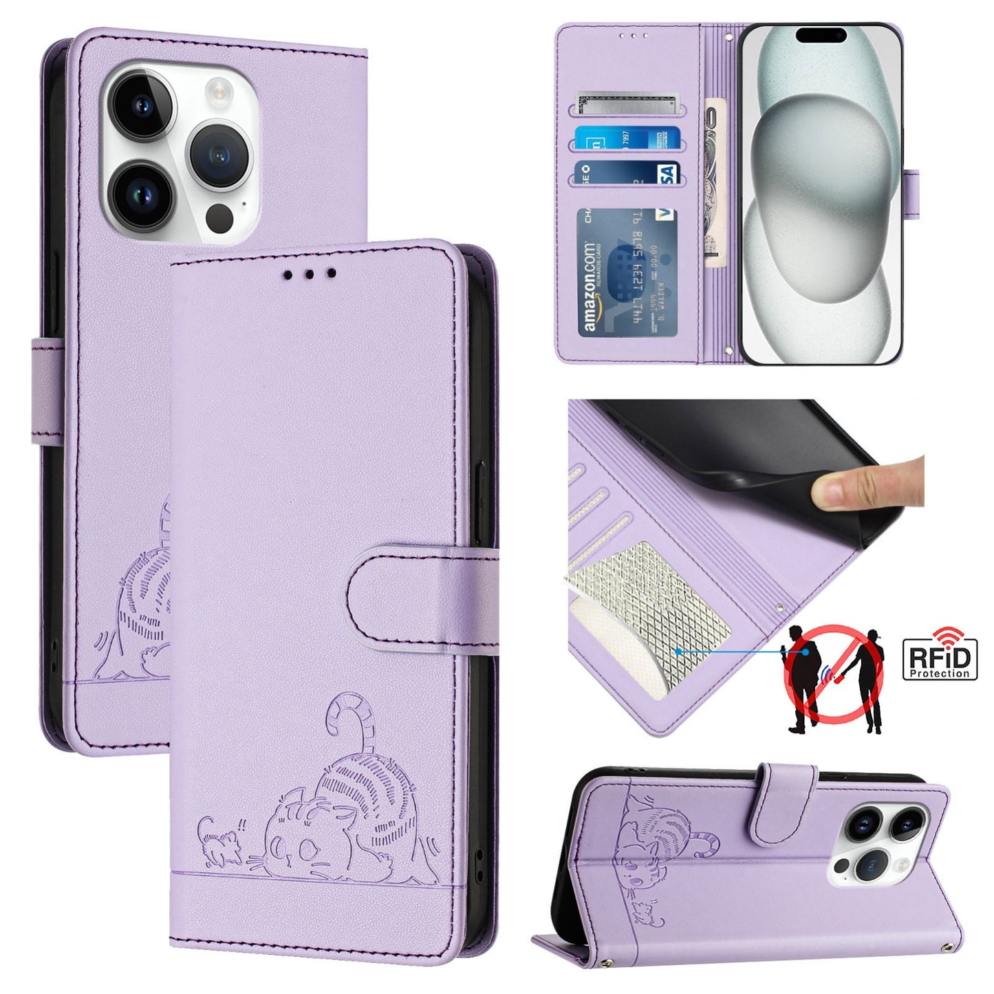 iPhone 14 Pro Cat & Rat Embossed RFID Leather Case, Lanyard, Wallet, Card Slots, Kickstand, Anti-Fall, Scratch-Resistant