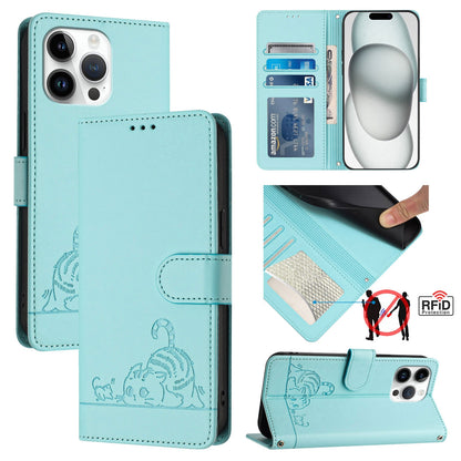 iPhone 14 Pro Max Cat & Rat Embossed RFID Leather Case, Lanyard, Wallet, Card Slots, Kickstand, Anti-Fall, Scratch-Resistant