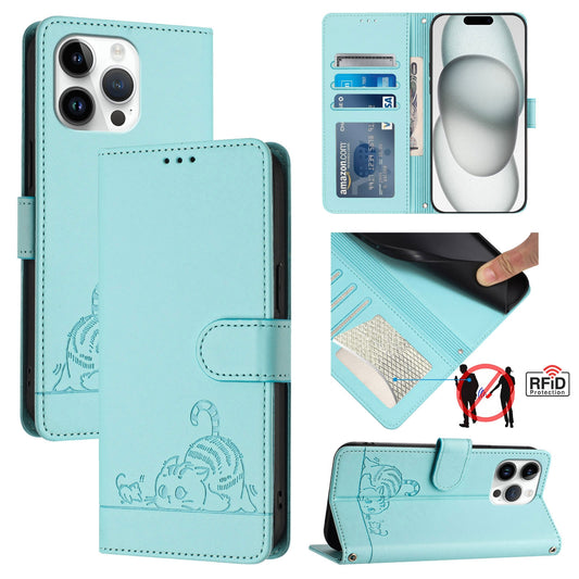 iPhone 14 Pro Max Cat & Rat Embossed RFID Leather Case, Lanyard, Wallet, Card Slots, Kickstand, Anti-Fall, Scratch-Resistant