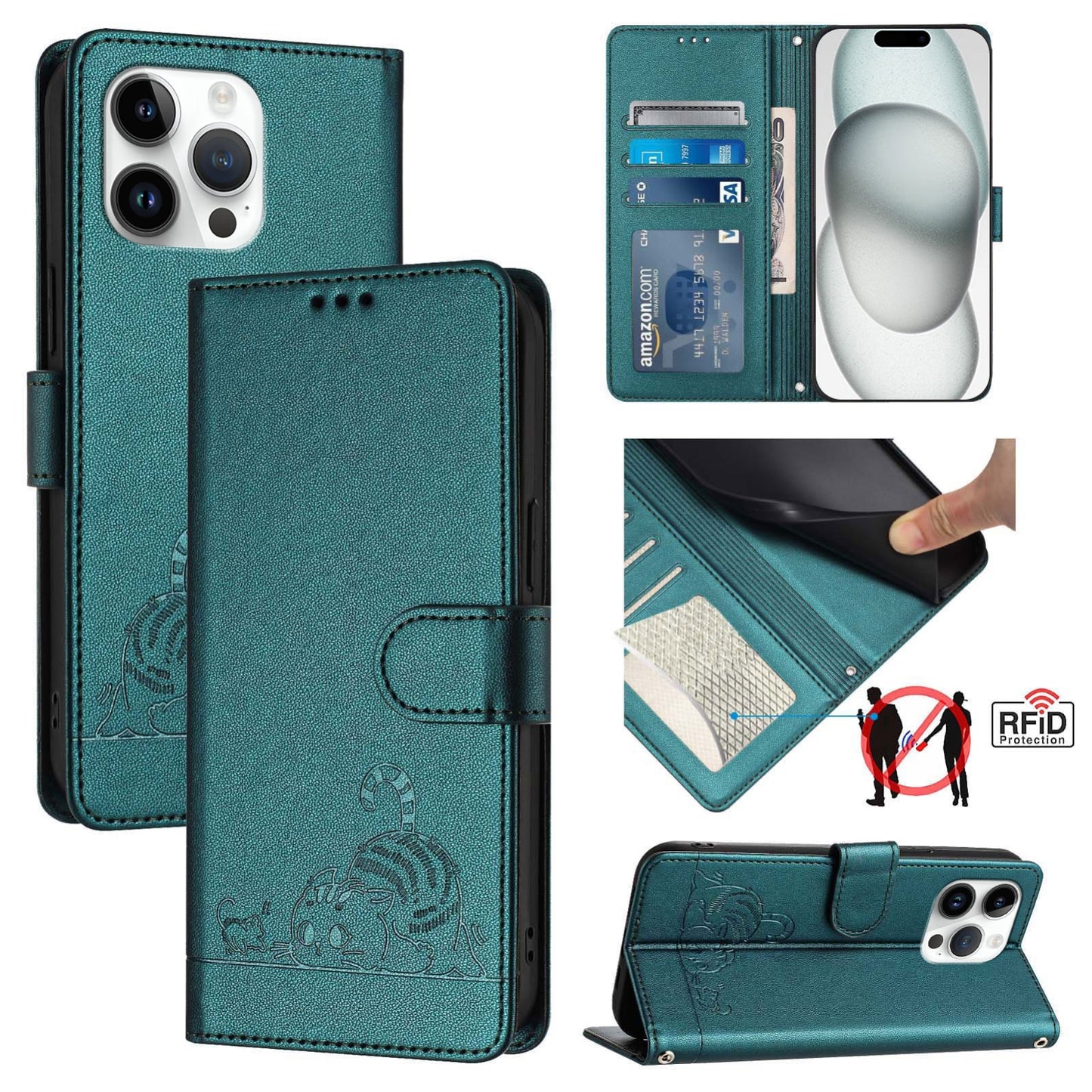 iPhone 14 Pro Max Cat & Rat Embossed RFID Leather Case, Lanyard, Wallet, Card Slots, Kickstand, Anti-Fall, Scratch-Resistant