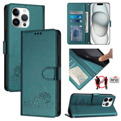 iPhone 14 Pro Max Cat & Rat Embossed RFID Leather Case, Lanyard, Wallet, Card Slots, Kickstand, Anti-Fall, Scratch-Resistant