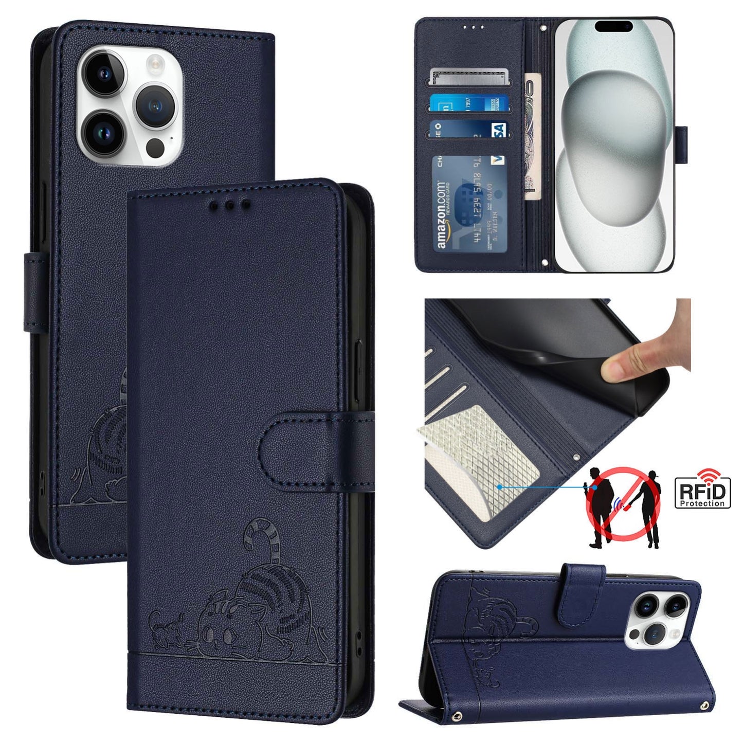 iPhone 14 Pro Max Cat & Rat Embossed RFID Leather Case, Lanyard, Wallet, Card Slots, Kickstand, Anti-Fall, Scratch-Resistant