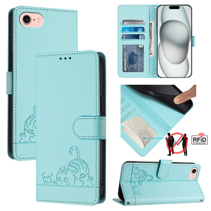 iPhone SE 2020 Cat & Rat Embossed RFID Leather Case, Lanyard, Wallet, Card Slots, Kickstand, Anti-Fall, Scratch-Resistant