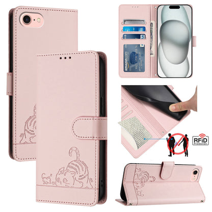 iPhone SE 2020 Cat & Rat Embossed RFID Leather Case, Lanyard, Wallet, Card Slots, Kickstand, Anti-Fall, Scratch-Resistant