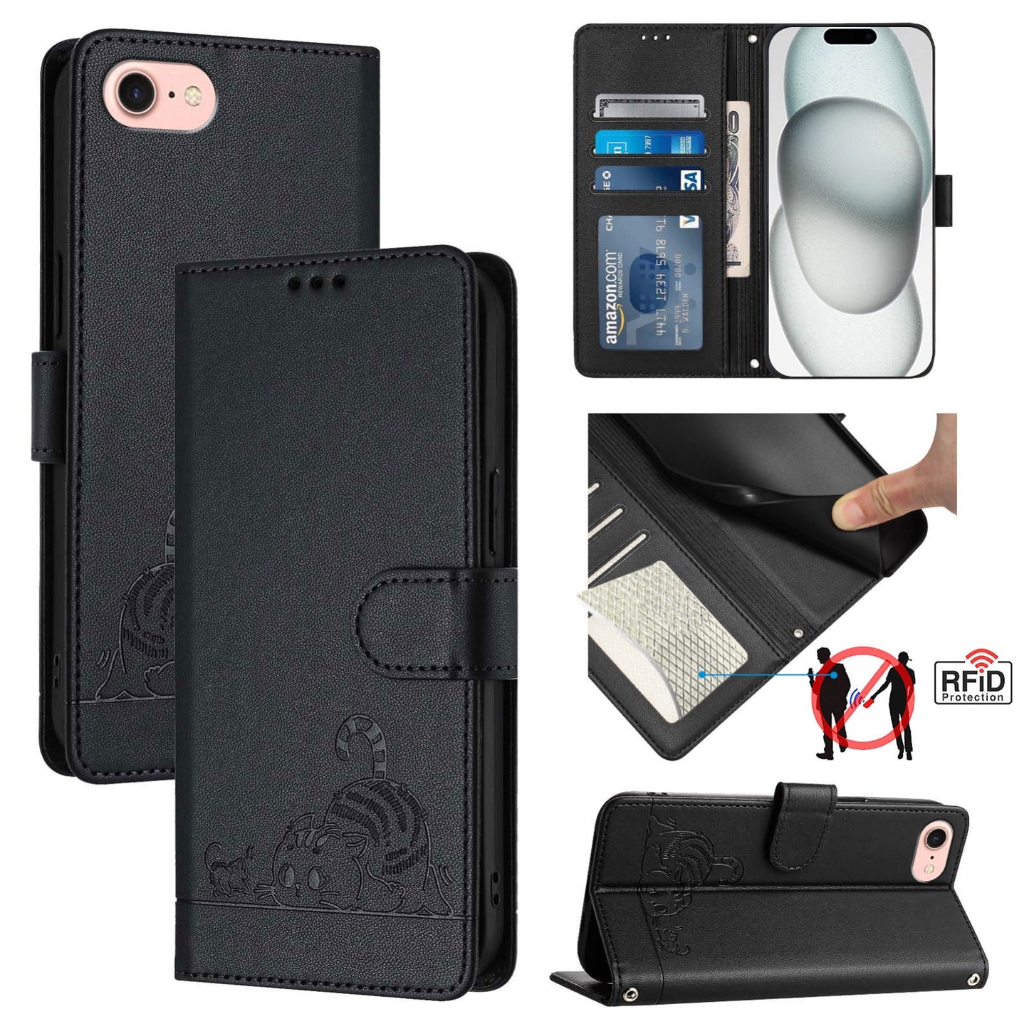iPhone SE 2022 Cat & Rat Embossed RFID Leather Case, Lanyard, Wallet, Card Slots, Kickstand, Anti-Fall, Scratch-Resistant