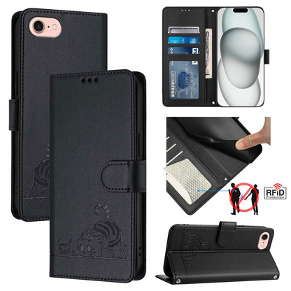 iPhone SE 2022 Cat & Rat Embossed RFID Leather Case, Lanyard, Wallet, Card Slots, Kickstand, Anti-Fall, Scratch-Resistant