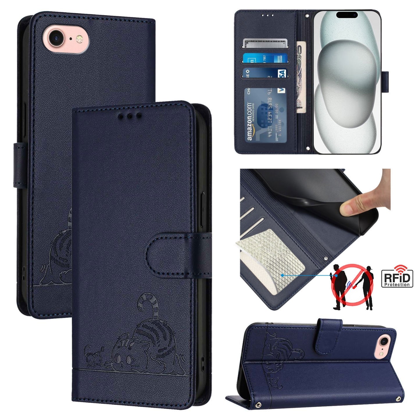 iPhone 8 Cat & Rat Embossed RFID Leather Case, Lanyard, Wallet, Card Slots, Kickstand, Anti-Fall, Scratch-Resistant