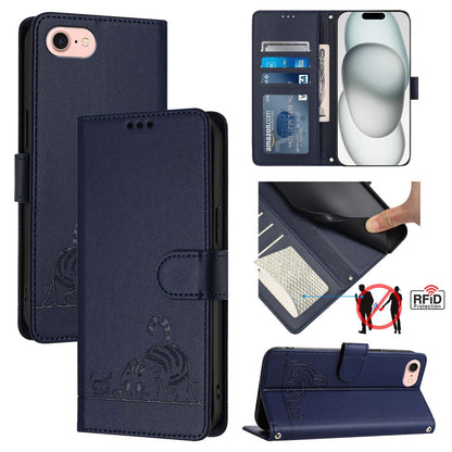 iPhone 8 Cat & Rat Embossed RFID Leather Case, Lanyard, Wallet, Card Slots, Kickstand, Anti-Fall, Scratch-Resistant