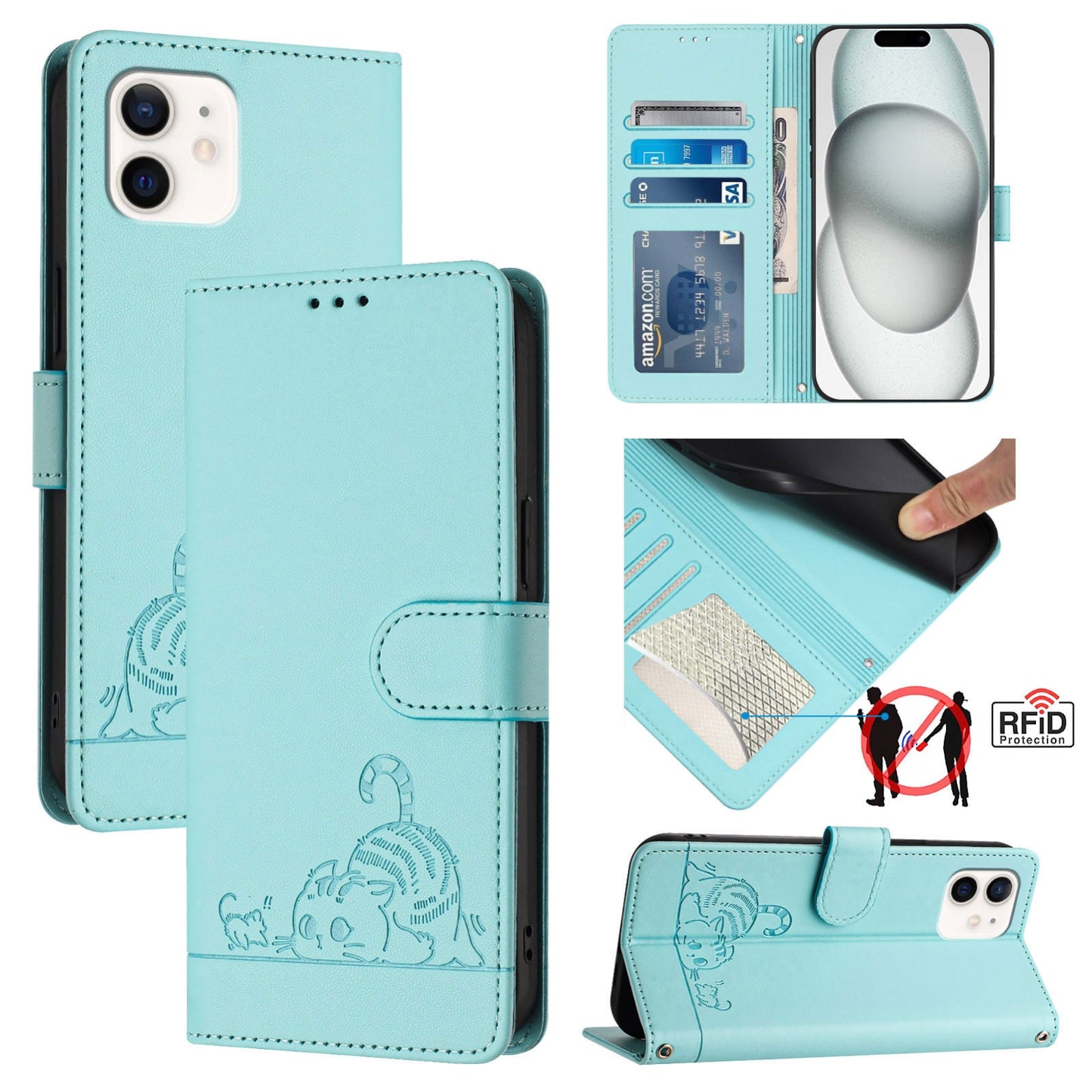 iPhone 12 Cat & Rat Embossed RFID Leather Case, Lanyard, Wallet, Card Slots, Kickstand, Anti-Fall, Scratch-Resistant