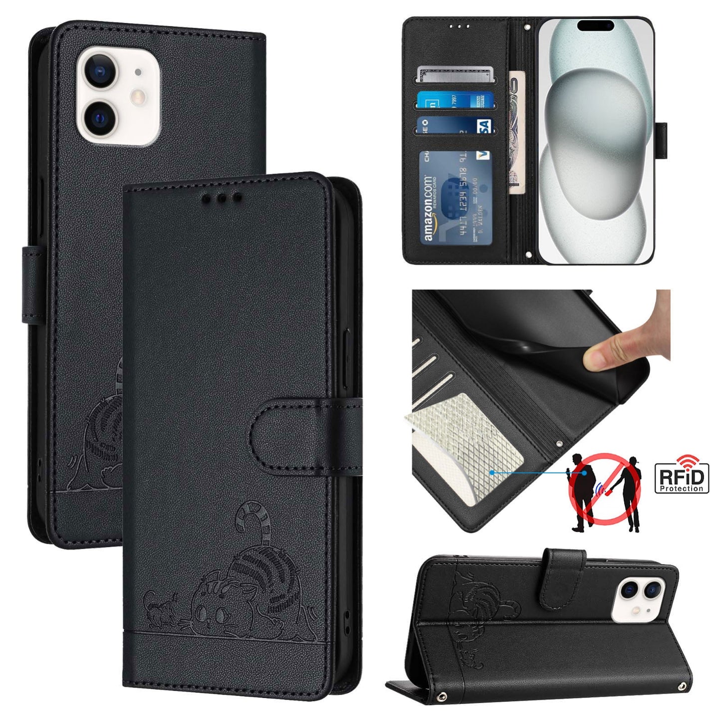 iPhone 12 Cat & Rat Embossed RFID Leather Case, Lanyard, Wallet, Card Slots, Kickstand, Anti-Fall, Scratch-Resistant