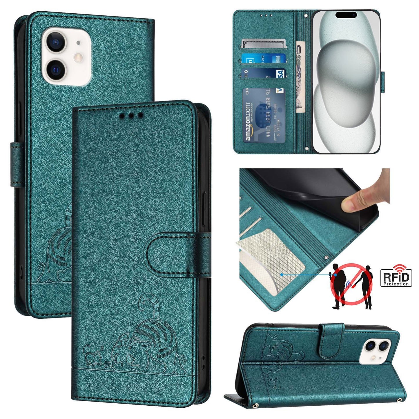 iPhone 12 Cat & Rat Embossed RFID Leather Case, Lanyard, Wallet, Card Slots, Kickstand, Anti-Fall, Scratch-Resistant