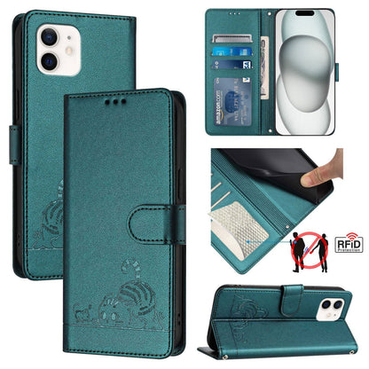iPhone 12 Cat & Rat Embossed RFID Leather Case, Lanyard, Wallet, Card Slots, Kickstand, Anti-Fall, Scratch-Resistant
