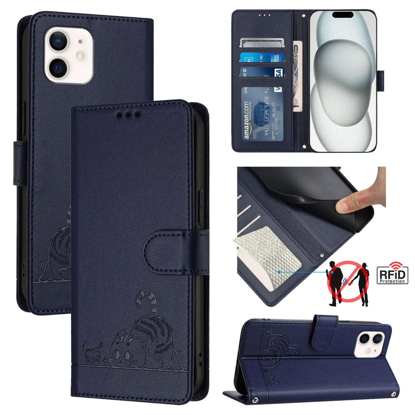 iPhone 12 Cat & Rat Embossed RFID Leather Case, Lanyard, Wallet, Card Slots, Kickstand, Anti-Fall, Scratch-Resistant