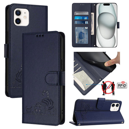 iPhone 12 Cat & Rat Embossed RFID Leather Case, Lanyard, Wallet, Card Slots, Kickstand, Anti-Fall, Scratch-Resistant