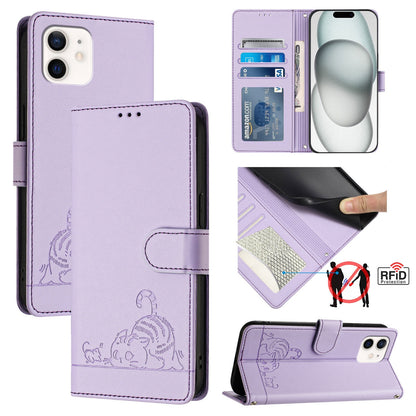 iPhone 12 Cat & Rat Embossed RFID Leather Case, Lanyard, Wallet, Card Slots, Kickstand, Anti-Fall, Scratch-Resistant