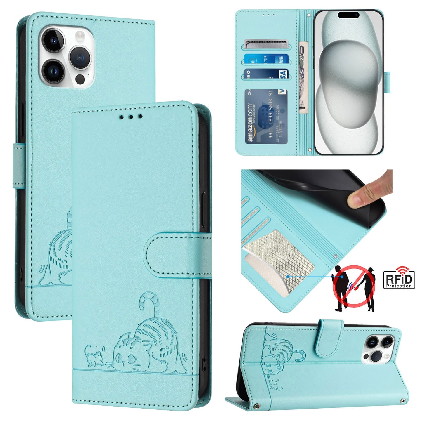 iPhone 12 Pro Max Cat & Rat Embossed RFID Leather Case, Lanyard, Wallet, Card Slots, Kickstand, Anti-Fall, Scratch-Resistant