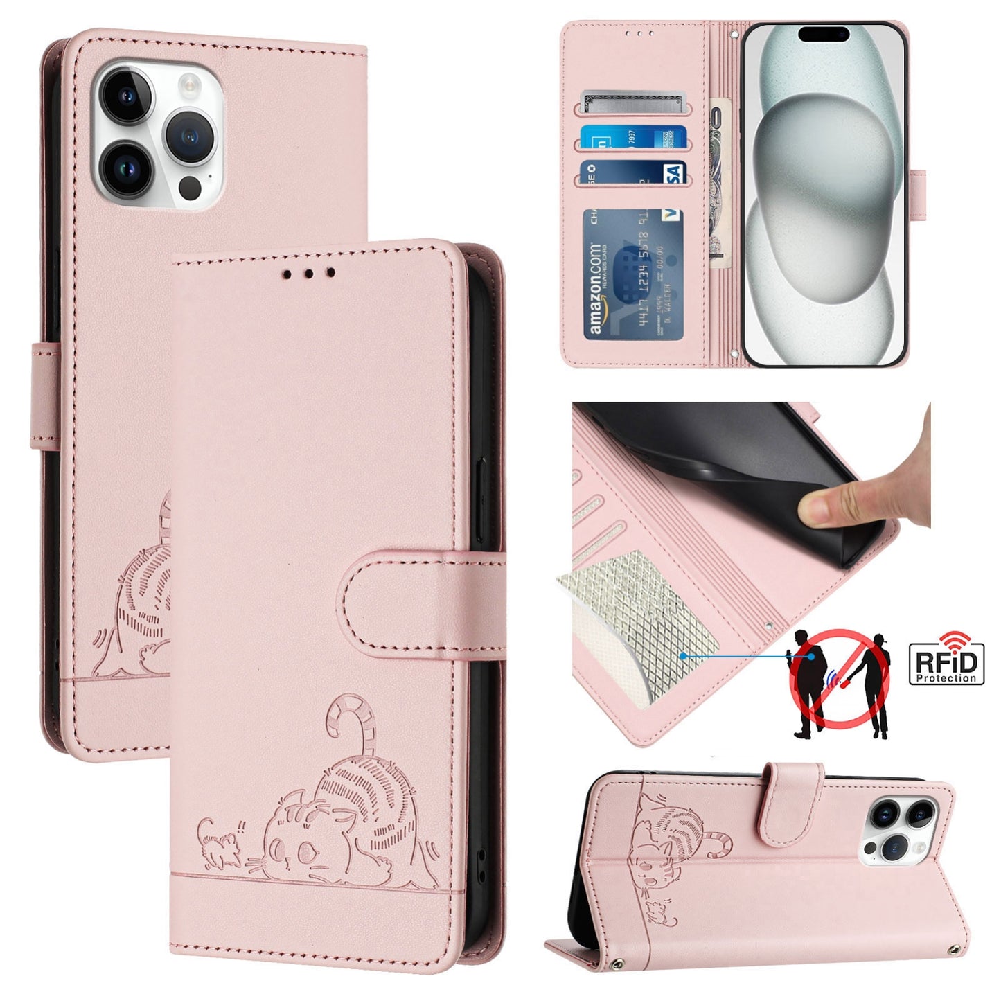 iPhone 12 Pro Max Cat & Rat Embossed RFID Leather Case, Lanyard, Wallet, Card Slots, Kickstand, Anti-Fall, Scratch-Resistant