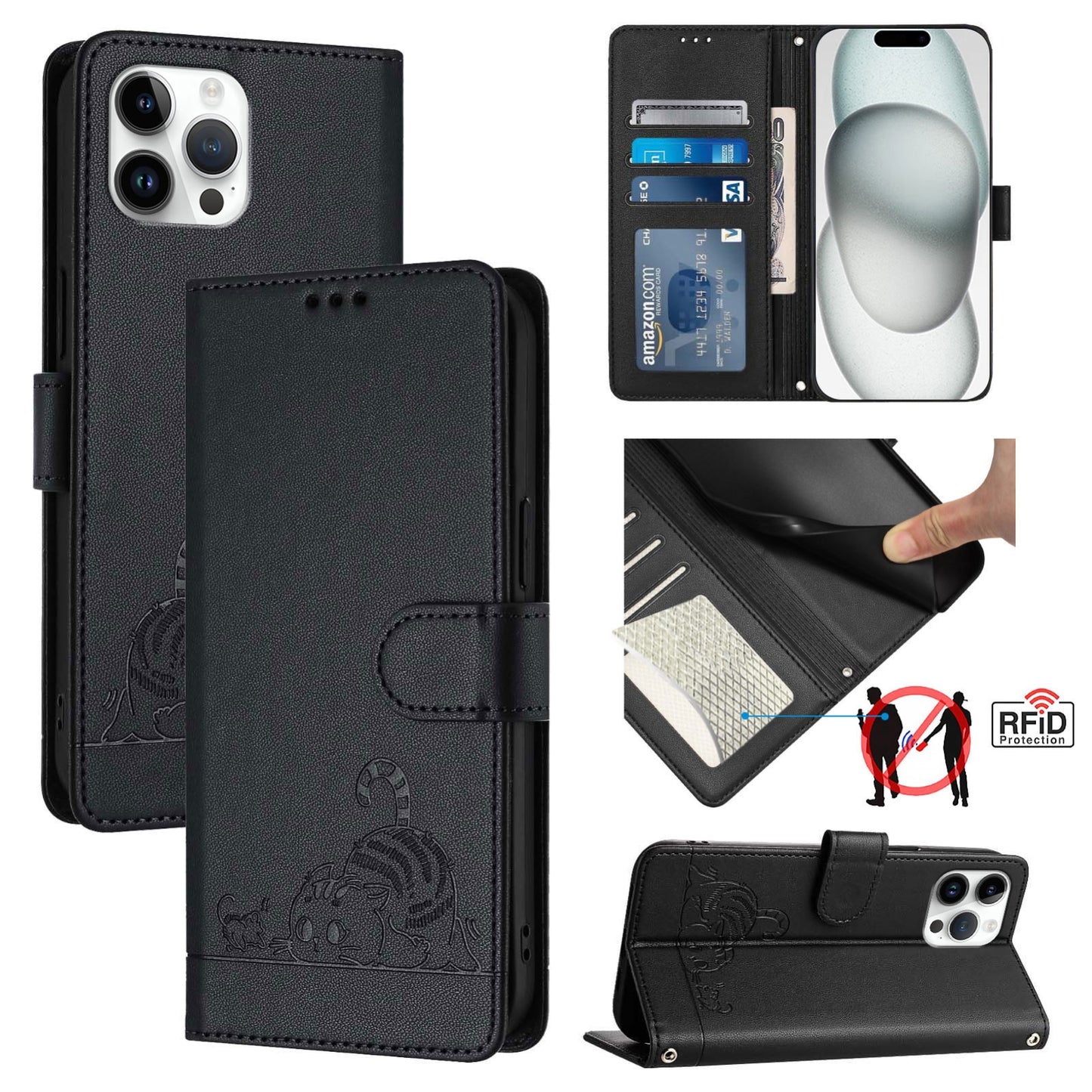 iPhone 12 Pro Max Cat & Rat Embossed RFID Leather Case, Lanyard, Wallet, Card Slots, Kickstand, Anti-Fall, Scratch-Resistant