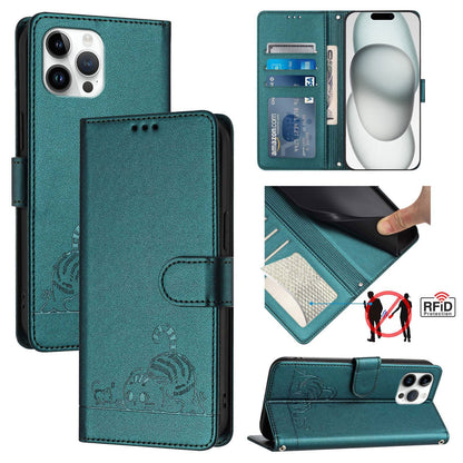iPhone 12 Pro Max Cat & Rat Embossed RFID Leather Case, Lanyard, Wallet, Card Slots, Kickstand, Anti-Fall, Scratch-Resistant