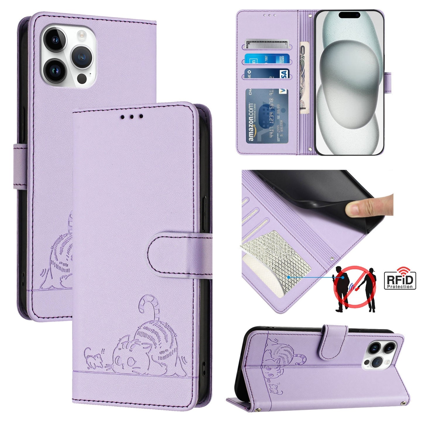 iPhone 12 Pro Max Cat & Rat Embossed RFID Leather Case, Lanyard, Wallet, Card Slots, Kickstand, Anti-Fall, Scratch-Resistant