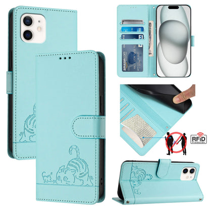 iPhone 12 mini Cat & Rat Embossed RFID Leather Case, Lanyard, Wallet, Card Slots, Kickstand, Anti-Fall, Scratch-Resistant