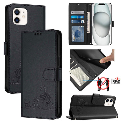 iPhone 12 mini Cat & Rat Embossed RFID Leather Case, Lanyard, Wallet, Card Slots, Kickstand, Anti-Fall, Scratch-Resistant