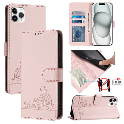 iPhone 11 Pro Max Cat & Rat Embossed RFID Leather Case, Lanyard, Wallet, Card Slots, Kickstand, Anti-Fall, Scratch-Resistant