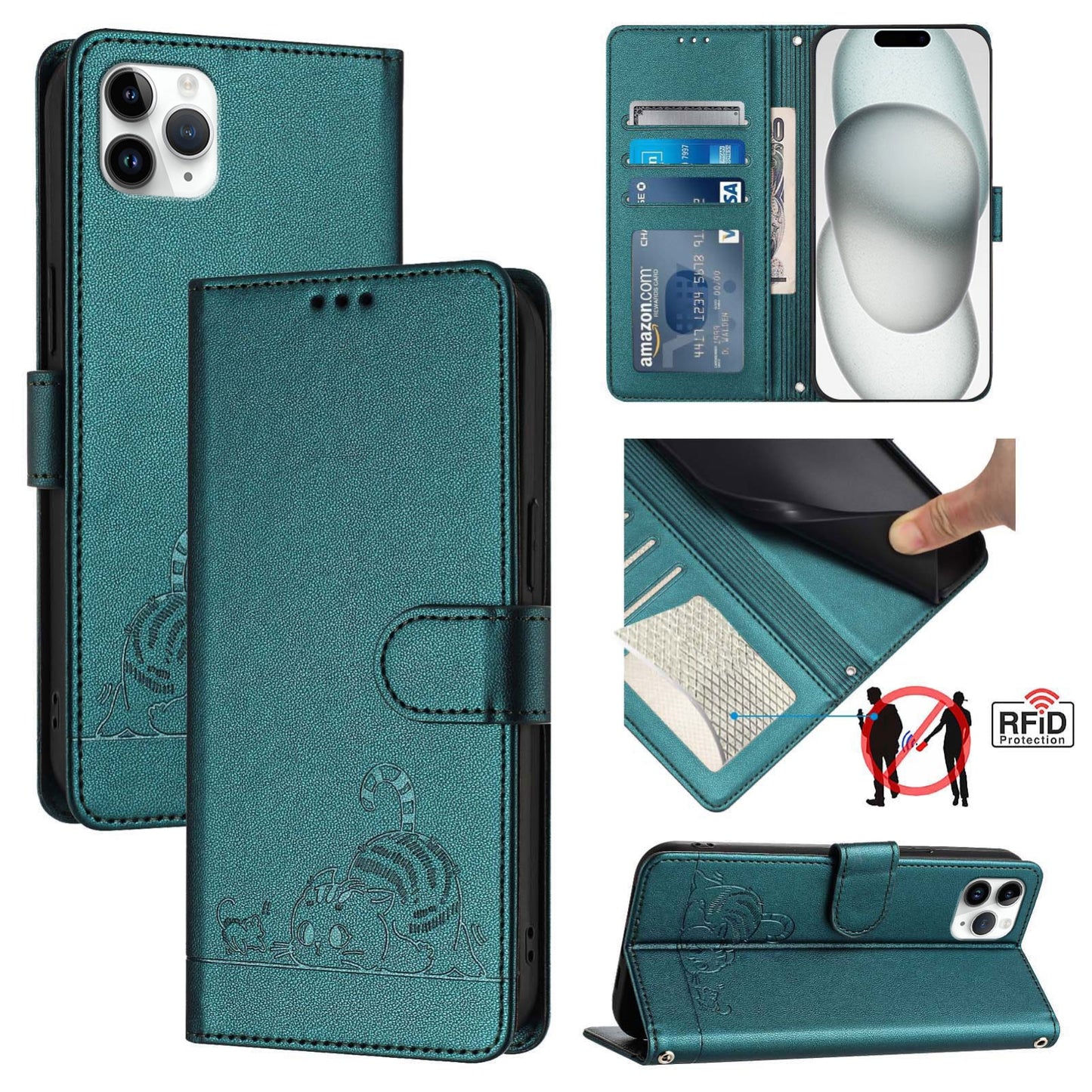 iPhone 11 Pro Max Cat & Rat Embossed RFID Leather Case, Lanyard, Wallet, Card Slots, Kickstand, Anti-Fall, Scratch-Resistant