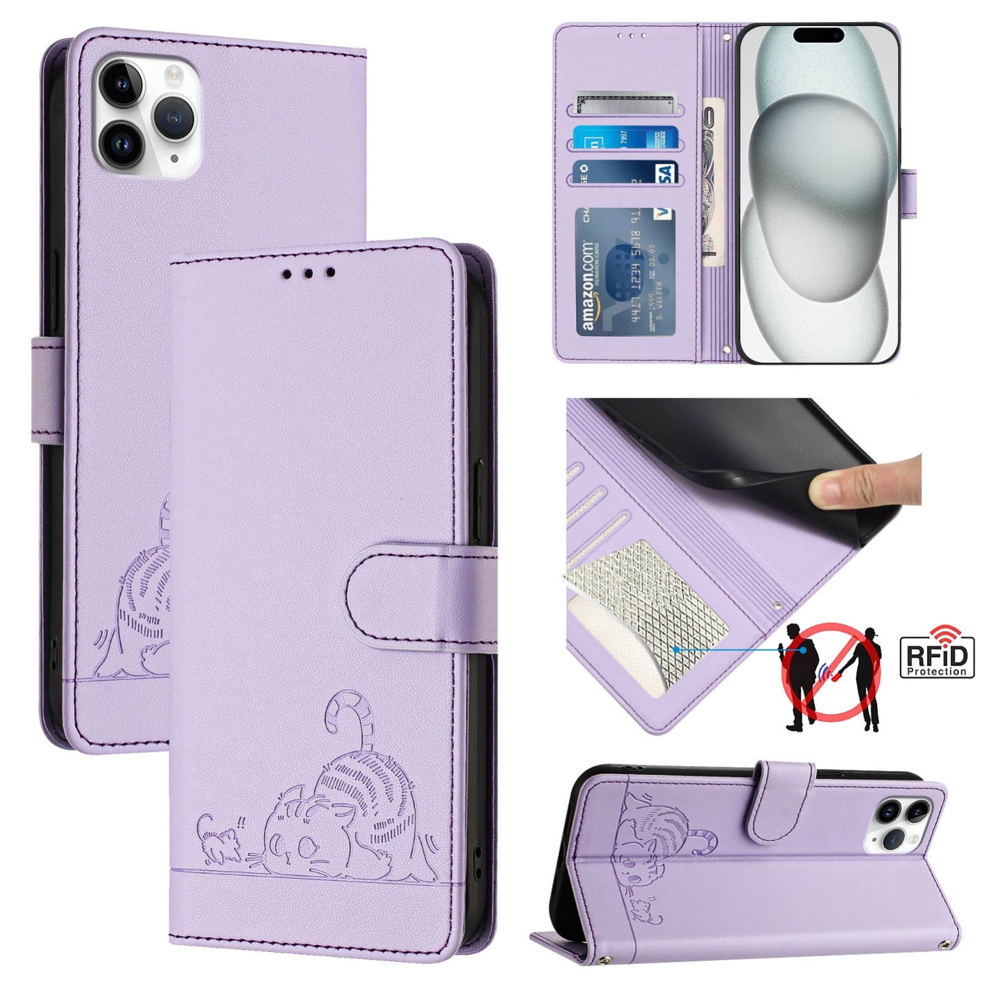 iPhone 11 Pro Max Cat & Rat Embossed RFID Leather Case, Lanyard, Wallet, Card Slots, Kickstand, Anti-Fall, Scratch-Resistant