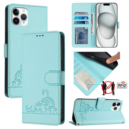 iPhone 11 Pro Cat & Rat Embossed RFID Leather Case, Lanyard, Wallet, Card Slots, Kickstand, Anti-Fall, Scratch-Resistant