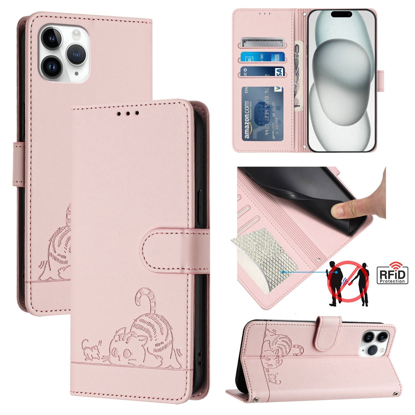 iPhone 11 Pro Cat & Rat Embossed RFID Leather Case, Lanyard, Wallet, Card Slots, Kickstand, Anti-Fall, Scratch-Resistant