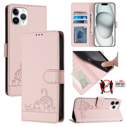 iPhone 11 Pro Cat & Rat Embossed RFID Leather Case, Lanyard, Wallet, Card Slots, Kickstand, Anti-Fall, Scratch-Resistant