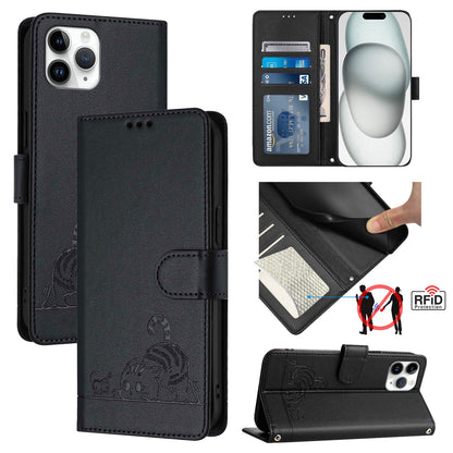 iPhone 11 Pro Cat & Rat Embossed RFID Leather Case, Lanyard, Wallet, Card Slots, Kickstand, Anti-Fall, Scratch-Resistant