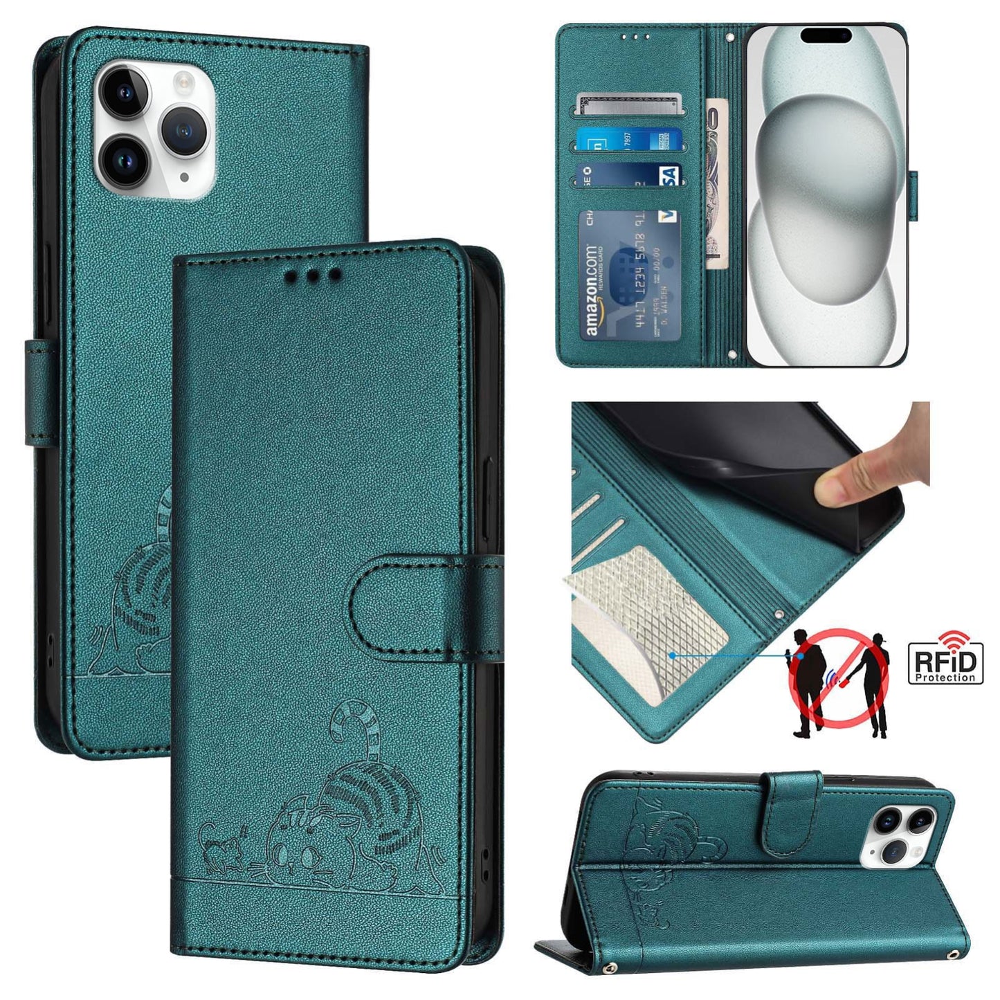 iPhone 11 Pro Cat & Rat Embossed RFID Leather Case, Lanyard, Wallet, Card Slots, Kickstand, Anti-Fall, Scratch-Resistant