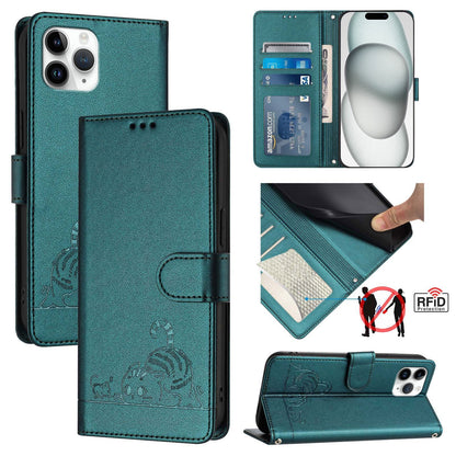 iPhone 11 Pro Cat & Rat Embossed RFID Leather Case, Lanyard, Wallet, Card Slots, Kickstand, Anti-Fall, Scratch-Resistant