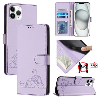 iPhone 11 Pro Cat & Rat Embossed RFID Leather Case, Lanyard, Wallet, Card Slots, Kickstand, Anti-Fall, Scratch-Resistant
