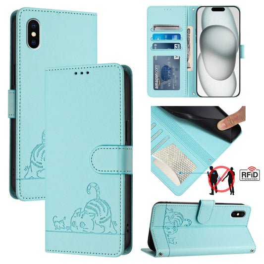 iPhone XS Cat & Rat Embossed RFID Leather Case, Lanyard, Wallet, Card Slots, Kickstand, Anti-Fall, Scratch-Resistant