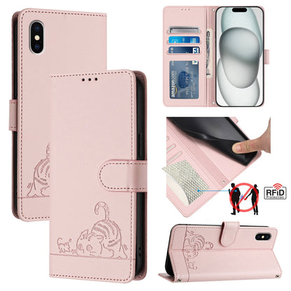 iPhone XS Cat & Rat Embossed RFID Leather Case, Lanyard, Wallet, Card Slots, Kickstand, Anti-Fall, Scratch-Resistant