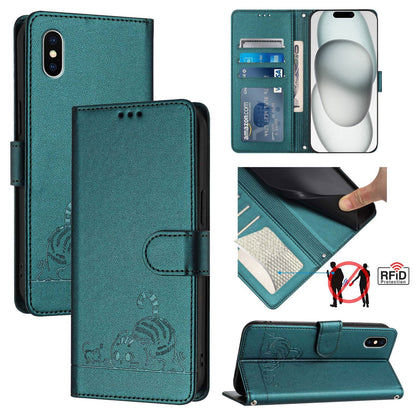 iPhone XS Cat & Rat Embossed RFID Leather Case, Lanyard, Wallet, Card Slots, Kickstand, Anti-Fall, Scratch-Resistant