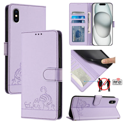 iPhone XS Cat & Rat Embossed RFID Leather Case, Lanyard, Wallet, Card Slots, Kickstand, Anti-Fall, Scratch-Resistant