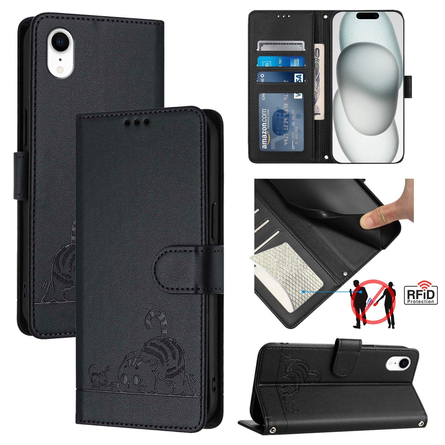 iPhone XR Cat & Rat Embossed RFID Leather Case, Lanyard, Wallet, Card Slots, Kickstand, Anti-Fall, Scratch-Resistant