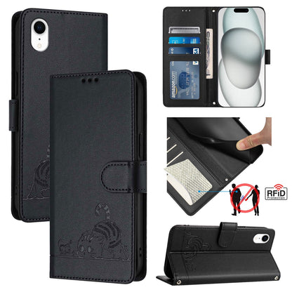 iPhone XR Cat & Rat Embossed RFID Leather Case, Lanyard, Wallet, Card Slots, Kickstand, Anti-Fall, Scratch-Resistant