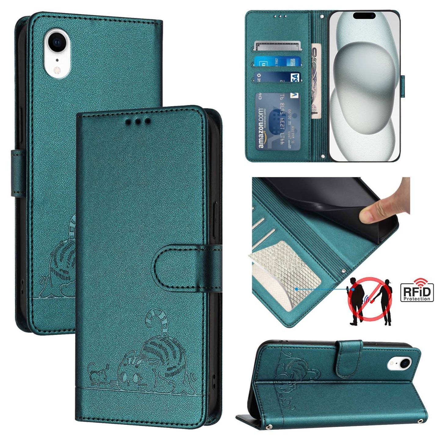 iPhone XR Cat & Rat Embossed RFID Leather Case, Lanyard, Wallet, Card Slots, Kickstand, Anti-Fall, Scratch-Resistant