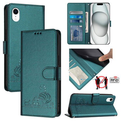 iPhone XR Cat & Rat Embossed RFID Leather Case, Lanyard, Wallet, Card Slots, Kickstand, Anti-Fall, Scratch-Resistant
