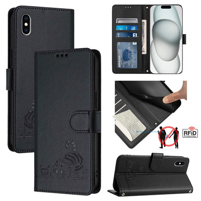 iPhone XS Max Cat & Rat Embossed RFID Leather Case, Lanyard, Wallet, Card Slots, Kickstand, Anti-Fall, Scratch-Resistant